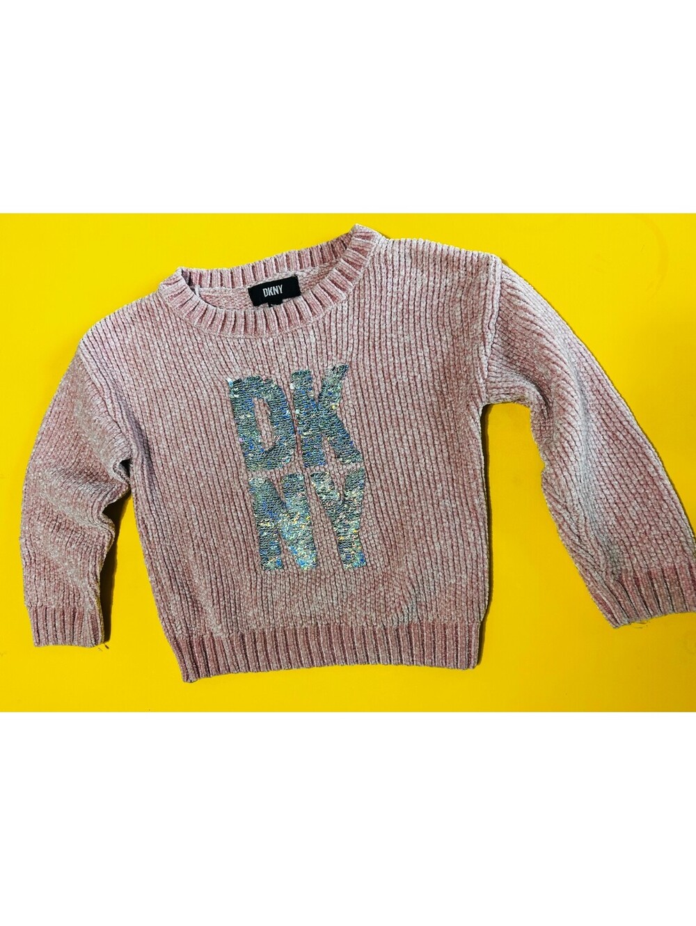 DKNY Girls Size 4 Sweater Dusty Rose Pink Chenille Knit Sequin Logo Pullover